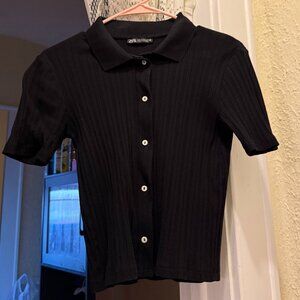 zara black collared button down ribbed top